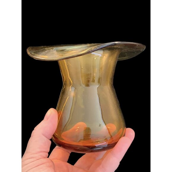 Vintage Amber Art Glass Vase Jar Candle Holder Ruffle FLANGE Small Hand Blown - Picture 8 of 9